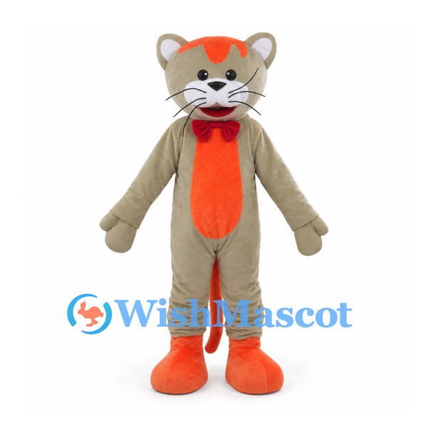 Cat Mascot Costume in Taupe with Orange Belly and Red Bow Tie
