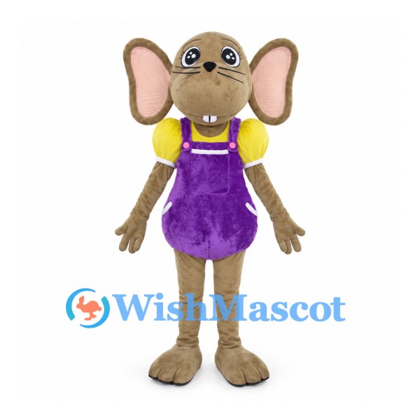 Mouse Mascot Costume with Yellow Shirt and Purple Overalls