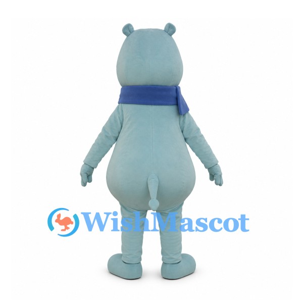 Light Blue Hippo Mascot Costume with Blue Scarf and Pink Cheeks
