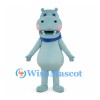 Light Blue Hippo Mascot Costume with Blue Scarf and Pink Cheeks