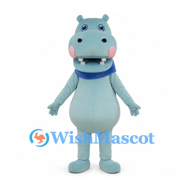 Light Blue Hippo Mascot Costume with Blue Scarf and Pink Cheeks