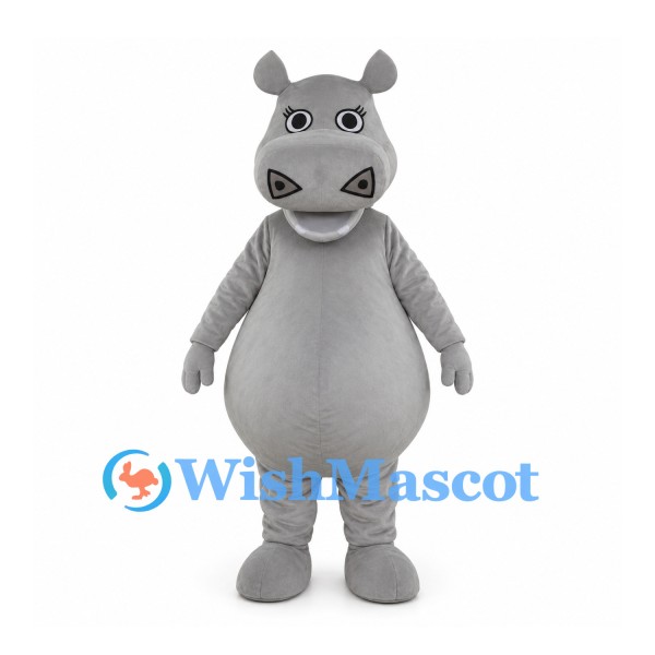 Gray Hippo Mascot Costume with Large Muzzle and Round Belly
