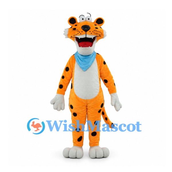 Orange Leopard Mascot Costume with Blue Bandana and White Belly