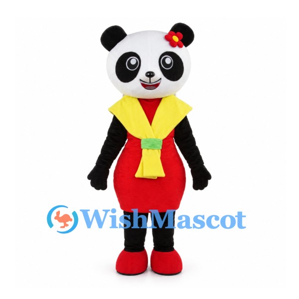 Panda Mascot Costume with Red Dress and Yellow Green Wrap