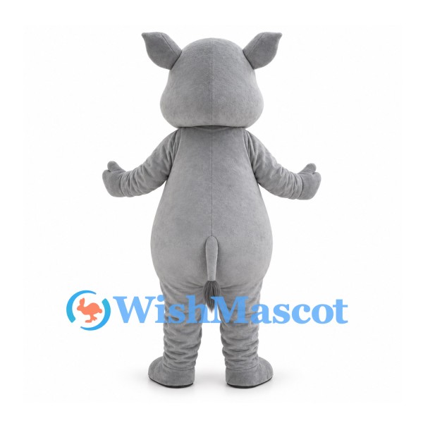 Gray Rhino Mascot Costume with Horn and Rounded Belly