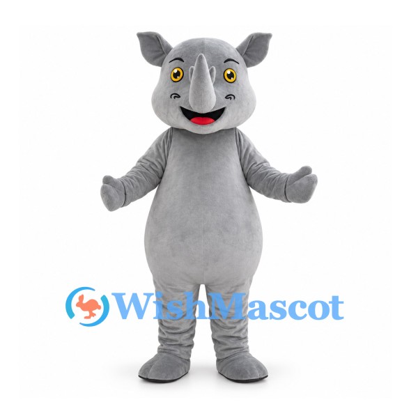 Gray Rhino Mascot Costume with Horn and Rounded Belly