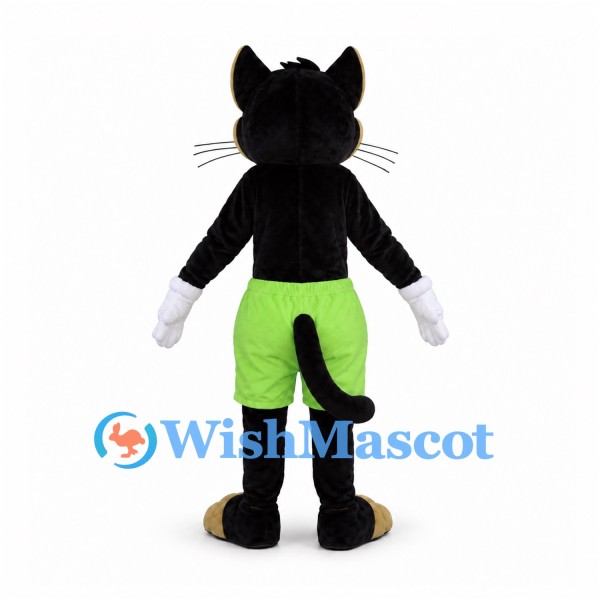 Black Cat Mascot Costume with Tan Muzzle and Lime Shorts