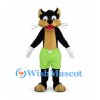 Black Cat Mascot Costume with Tan Muzzle and Lime Shorts