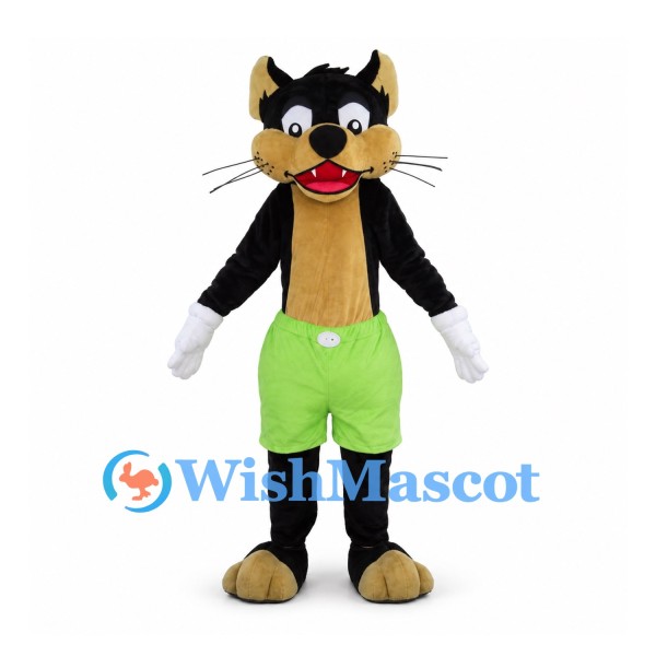 Black Cat Mascot Costume with Tan Muzzle and Lime Shorts