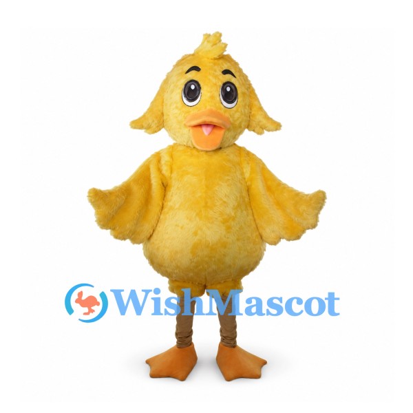Yellow Duckling Mascot Costume with Fluffy Body and Orange Feet
