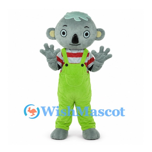 Koala Mascot Costume with Lime Overalls and Red Striped Shirt