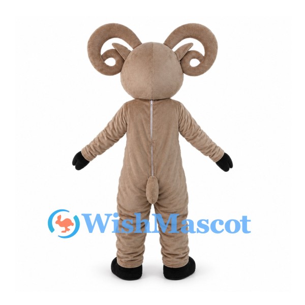 Taupe Ram Mascot Costume with Large Curled Horns and White Belly