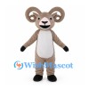 Taupe Ram Mascot Costume with Large Curled Horns and White Belly