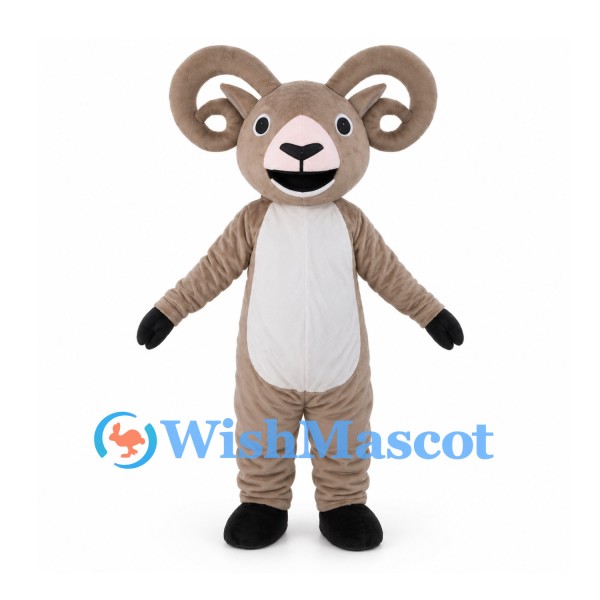 Taupe Ram Mascot Costume with Large Curled Horns and White Belly