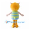 Cat Girl Mascot Costume with Yellow Hood and Blue Green Striped Body