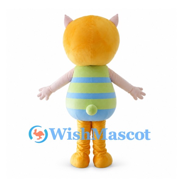 Cat Girl Mascot Costume with Yellow Hood and Blue Green Striped Body