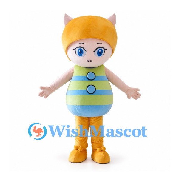 Cat Girl Mascot Costume with Yellow Hood and Blue Green Striped Body
