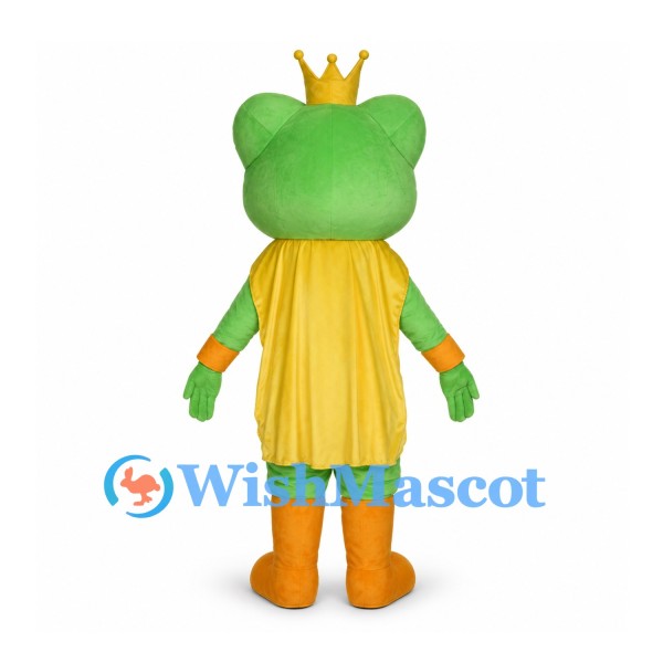 Frog King Mascot Costume with Gold Crown and Yellow Cape