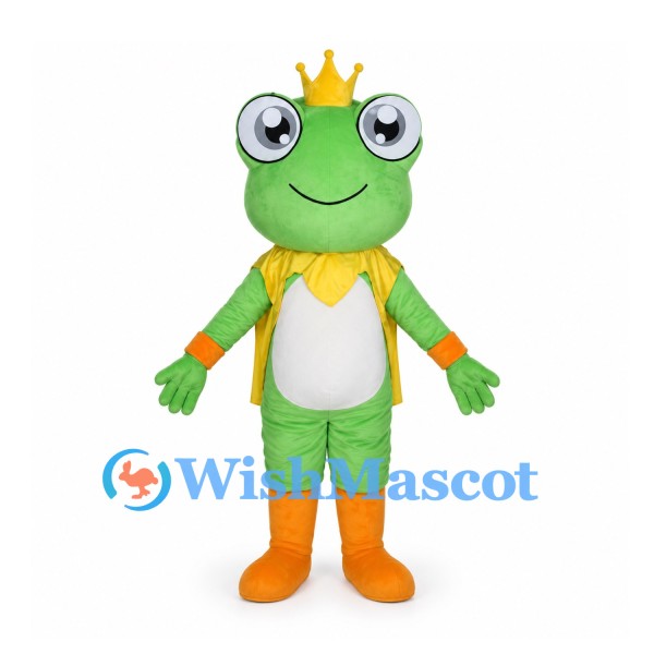 Frog King Mascot Costume with Gold Crown and Yellow Cape