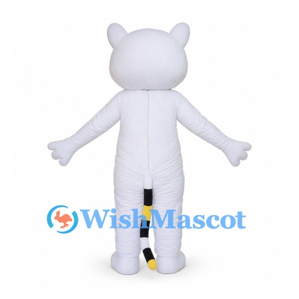 White Cat Mascot Costume with Green Eyes and Striped Tail