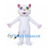 White Cat Mascot Costume with Green Eyes and Striped Tail