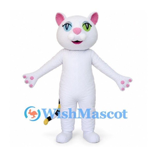 White Cat Mascot Costume with Green Eyes and Striped Tail
