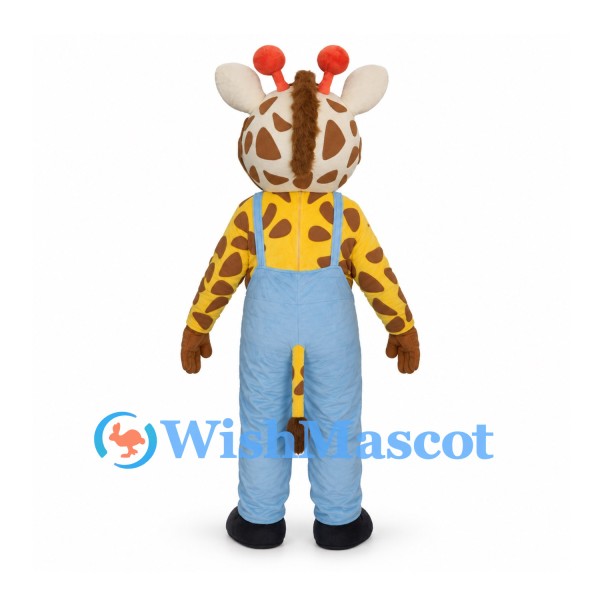 Giraffe Mascot Costume with Blue Overalls and Brown Spots