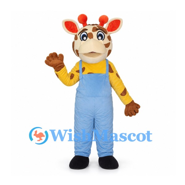 Giraffe Mascot Costume with Blue Overalls and Brown Spots