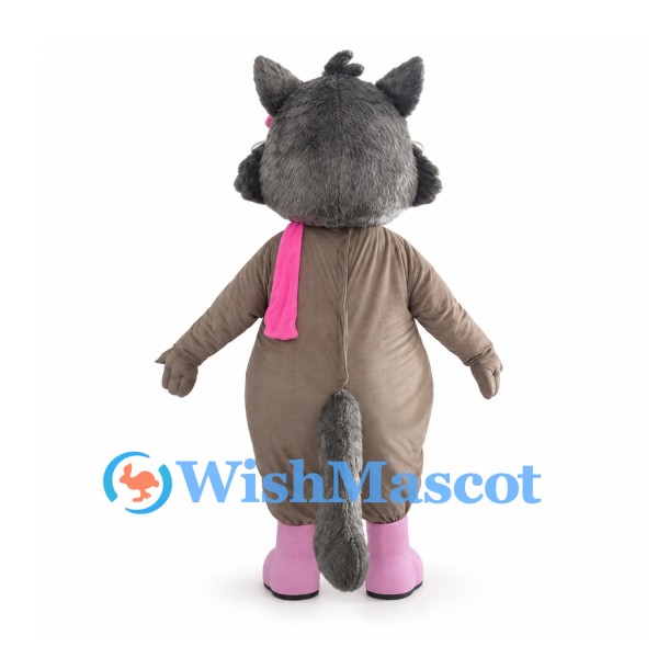 Gray Wolf Mascot Costume with Pink Bow Scarf and Round Glasses