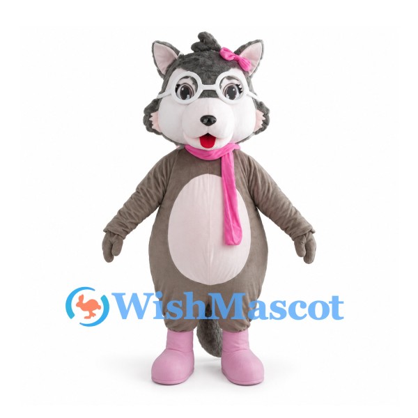 Gray Wolf Mascot Costume with Pink Bow Scarf and Round Glasses