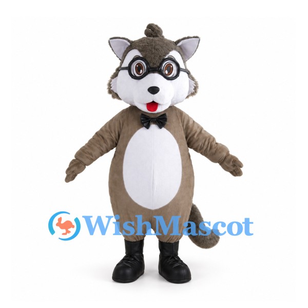 Gray Wolf Mascot Costume with Round Glasses and Black Bow Tie