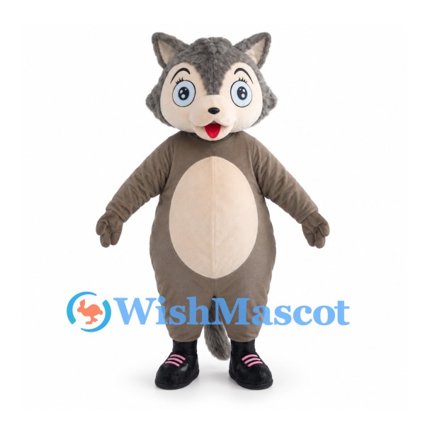 Gray Wolf Mascot Costume with Cream Belly and Large Blue Eyes