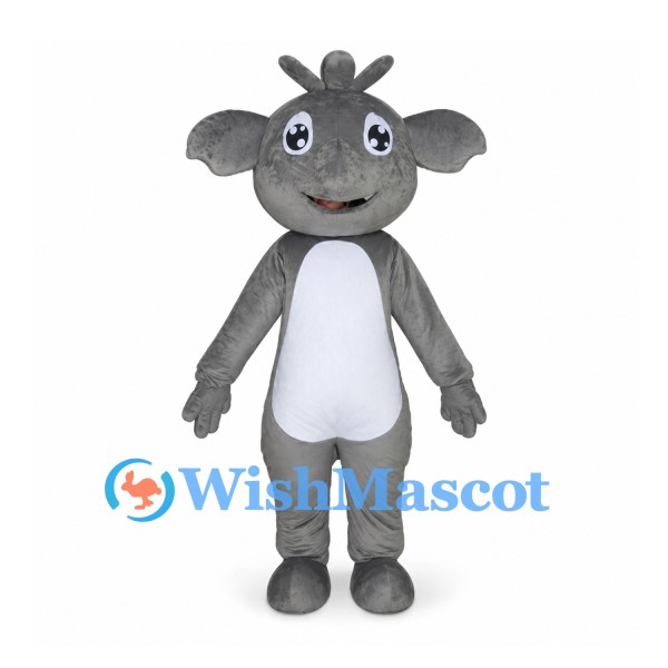 Gray Moose Mascot Costume with Small Antlers and White Belly