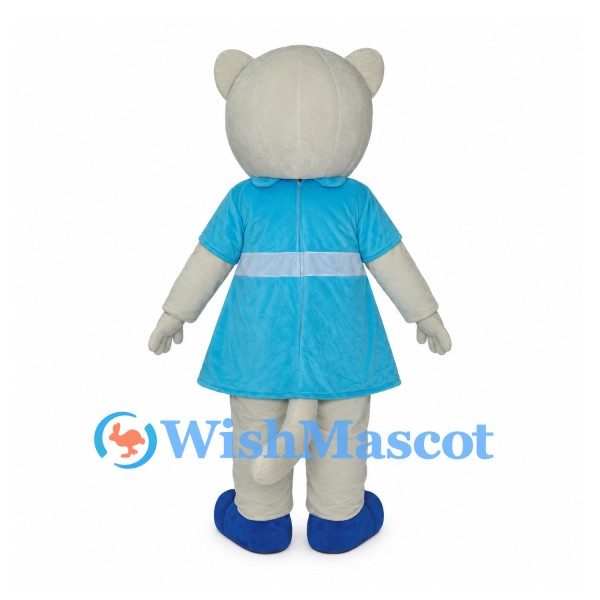 White Cat Mascot Costume with Blue Dress and Matching Shoes