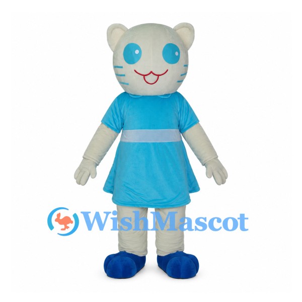 White Cat Mascot Costume with Blue Dress and Matching Shoes
