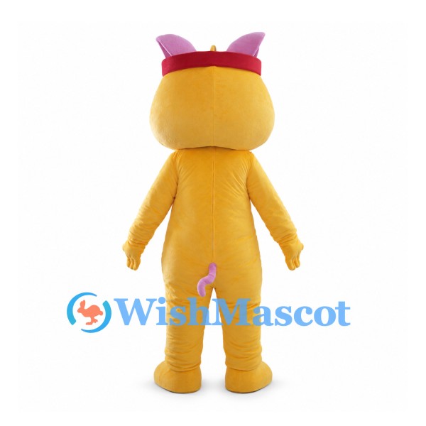 Yellow Cat Mascot Costume with Pink Hat and White Belly