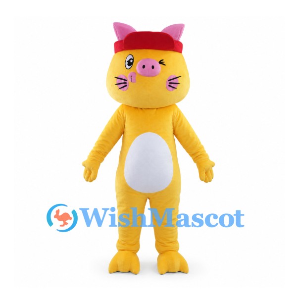 Yellow Cat Mascot Costume with Pink Hat and White Belly