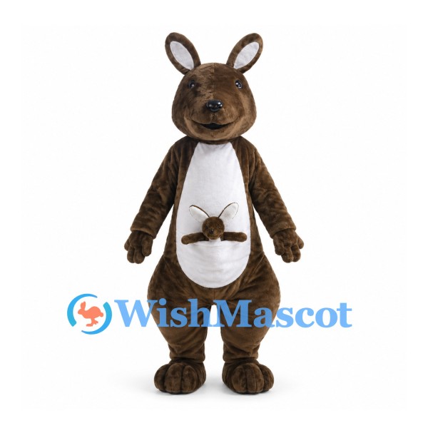 Dark Brown Kangaroo Mascot Costume with Joey in White Pouch