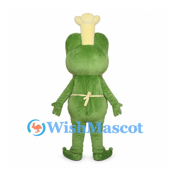 Frog Chef Mascot Costume with White Hat and Cream Apron