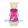Cream Cat Mascot Costume with Purple Polka Dot Dress and Pink Apron