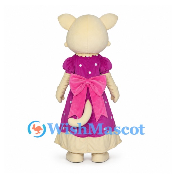Cream Cat Mascot Costume with Purple Polka Dot Dress and Pink Apron