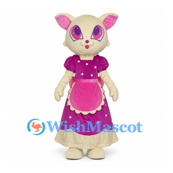 Cream Cat Mascot Costume with Purple Polka Dot Dress and Pink Apron