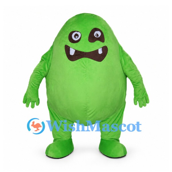 Green Monster Mascot Costume with Rounded Body and Small Fangs