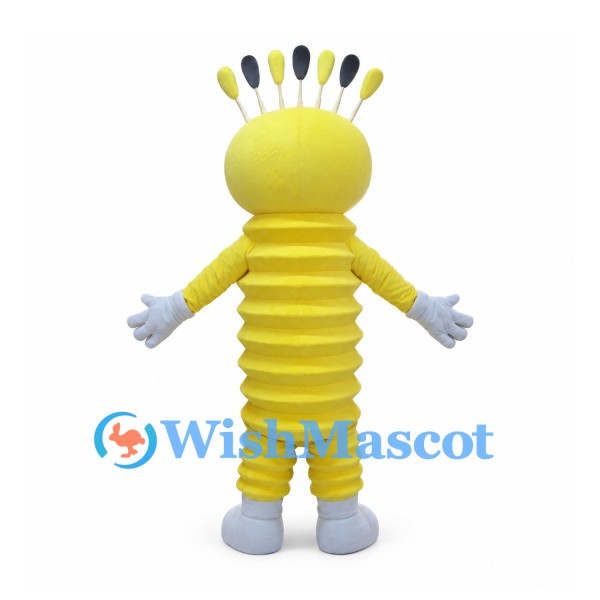 Yellow Alien Mascot Costume with Segmented Body and Crown of Antennae