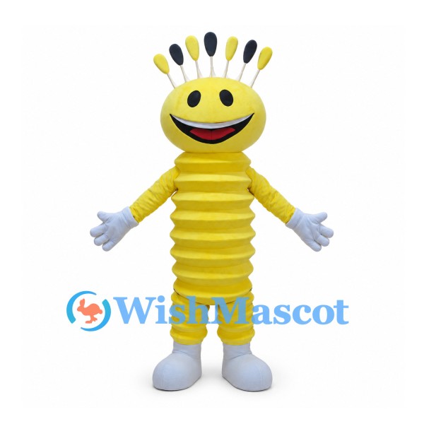 Yellow Alien Mascot Costume with Segmented Body and Crown of Antennae
