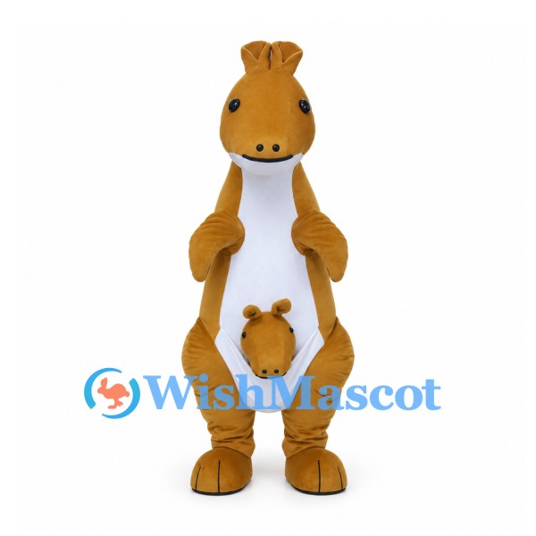 Tan Kangaroo Mascot Costume with Joey in White Belly Pouch
