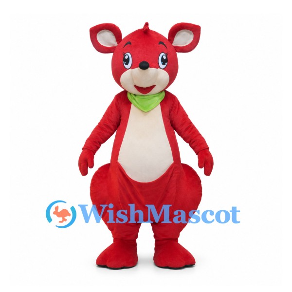 Red Kangaroo Mascot Costume with Green Bandana and Cream Belly