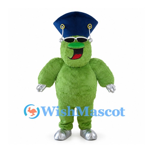 Green Bear Mascot Costume with Navy Hat Sunglasses and Silver Paws