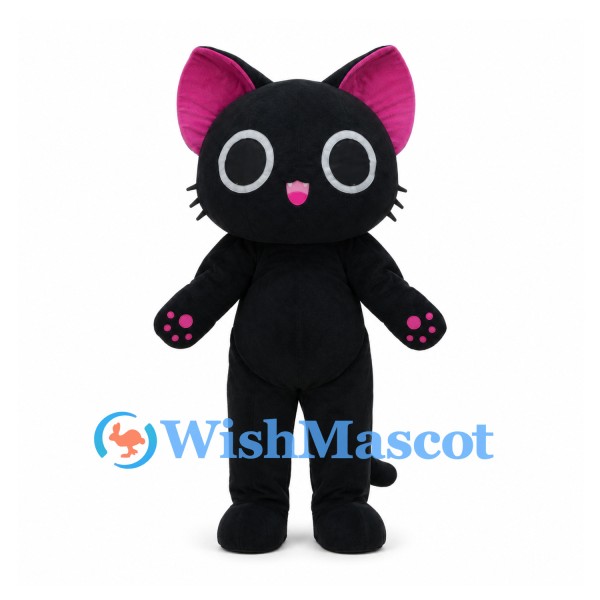 Black Cat Mascot Costume with Round White Eyes and Pink Paw Pads