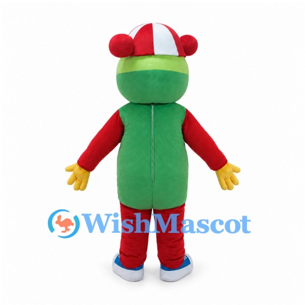 Green Clown Mascot Costume with Red Striped Cap and Neck Tie